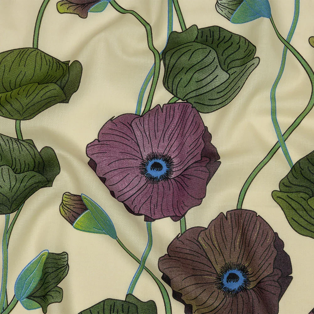 Image of Beige, Green and Plum Big Poppies Cotton Lawn