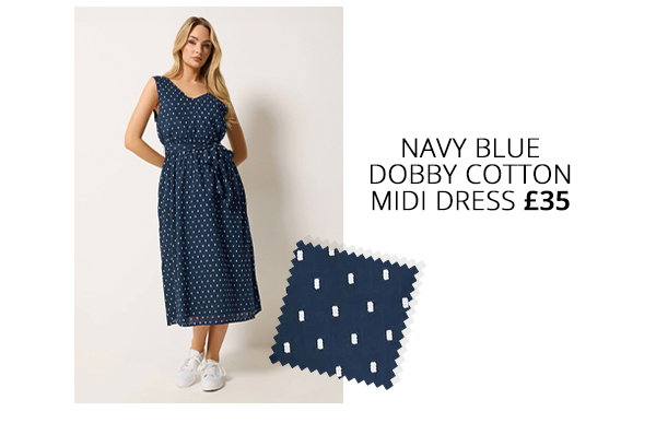 M&Co Navy Blue Dobby Tie Waist Cotton Midi Dress