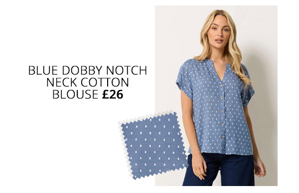 M&Co Blue Dobby Notch Neck Cotton Blouse