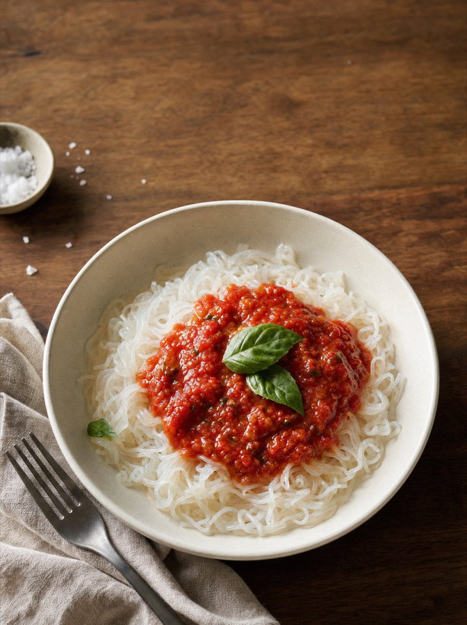 A bowl of white konjac noodles under a marinara sauce