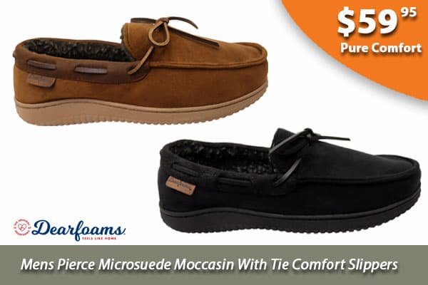Dearfoams Mens Pierce Microsuede Moccasin With Tie Comfort Slippers
