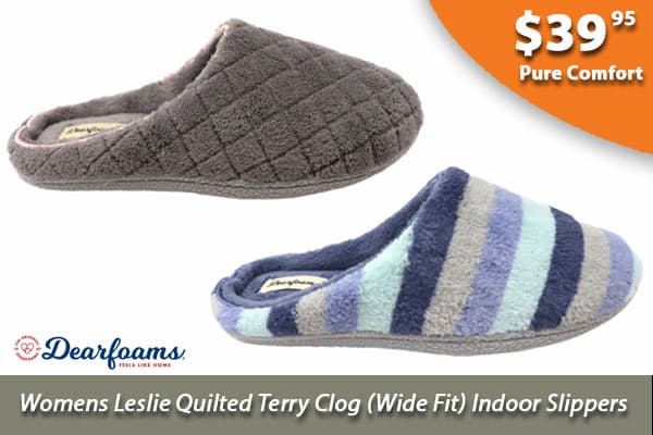 Dearfoams Womens Leslie Quilted Terry Clog Wide Fit Indoor Slippers