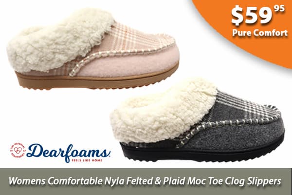Dearfoams Womens Comfortable Nyla Felted & Plaid Moc Toe Clog Slippers