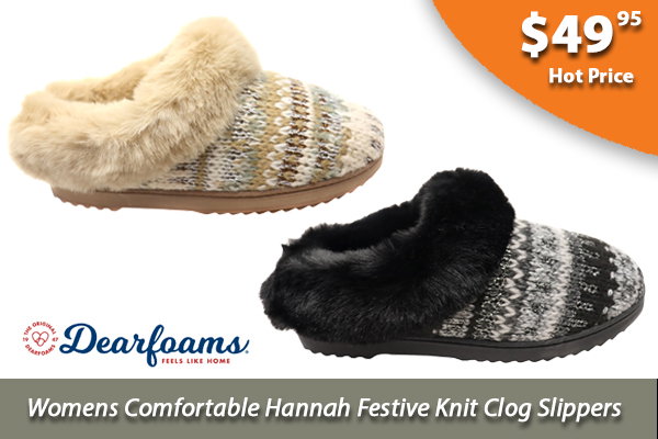 Dearfoams Womens Comfortable Hannah Festive Knit Clog Slippers