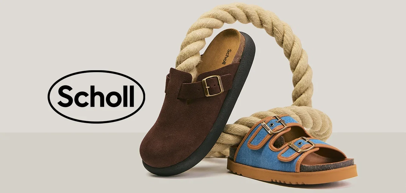 Sandale marron en daim à enfiler et sandale bleue en cuir à double bride entrelacées avec une corde épaisse beige sur un fond neutre.
