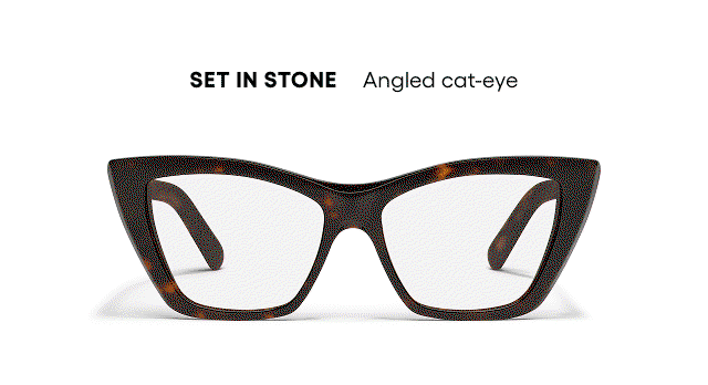 Set in Stone. Angled cat-eye. GIF of tort glasses and sunglasses.