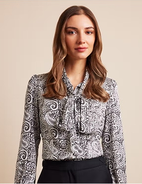 White & Black Paisley Pussybow Blouse