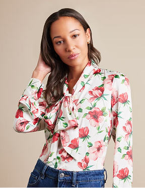 Cream & Red Floral Pussybow Blouse