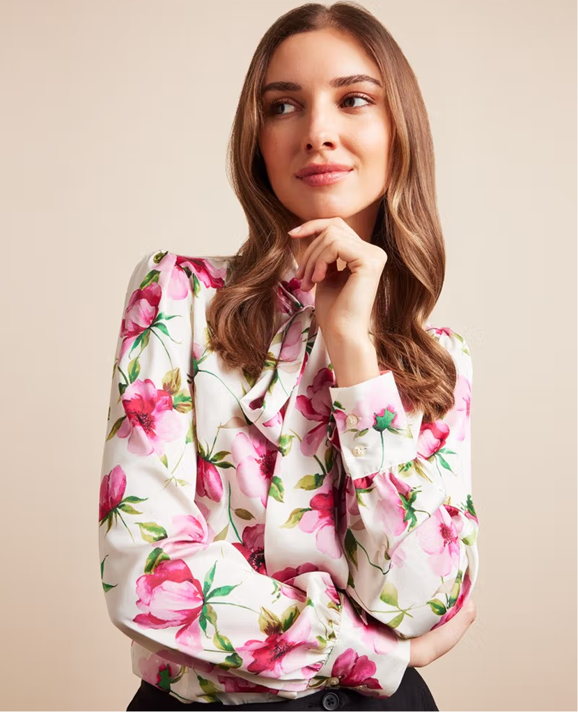Cream & Pink Floral Pussybow Blouse