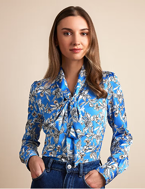 Blue & White Floral Pussybow Blouse