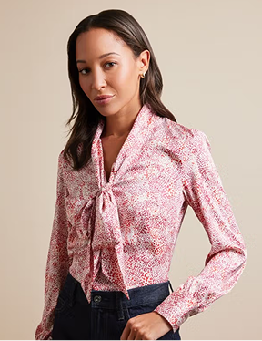 White & Red Leopard Pussybow Blouse