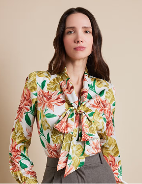White & Green Floral Pussybow Blouse