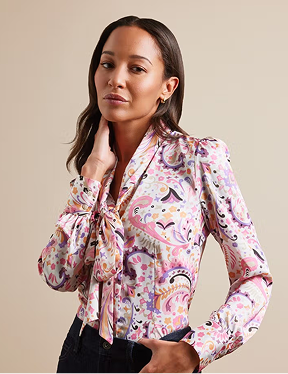 White & Pink Paisley Pussybow Blouse