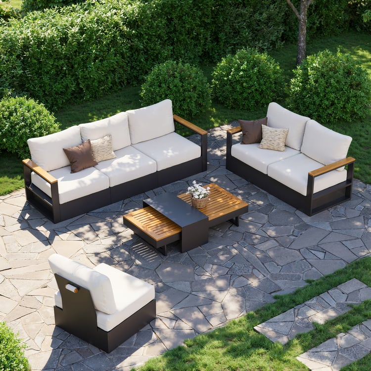 Tevara Convertible Outdoor Sectional Sofa Set with Teak & Aluminum Frame, Gray & White