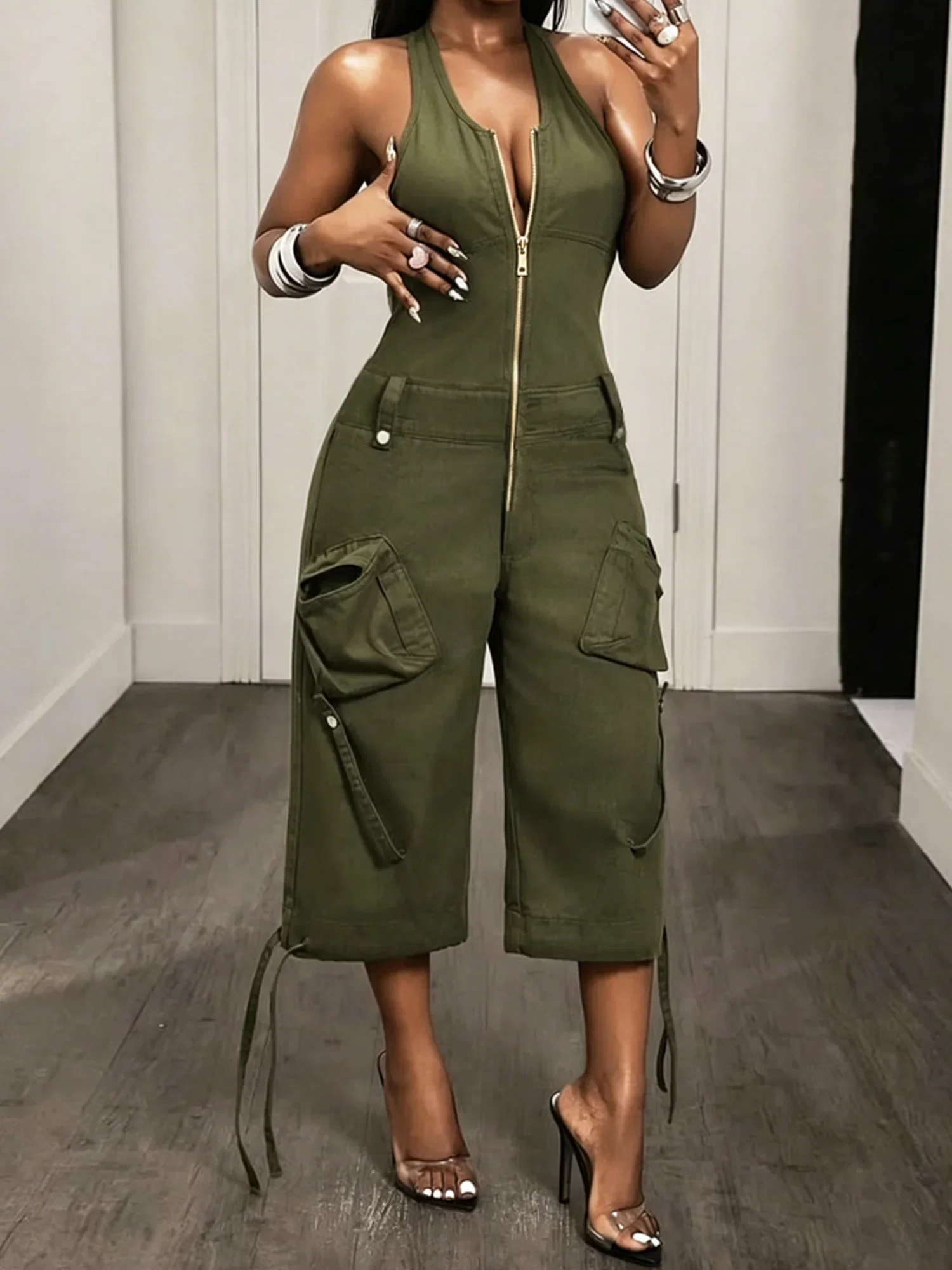 Casual Solid Tailored Sleeveless Cargo Jumpsuit