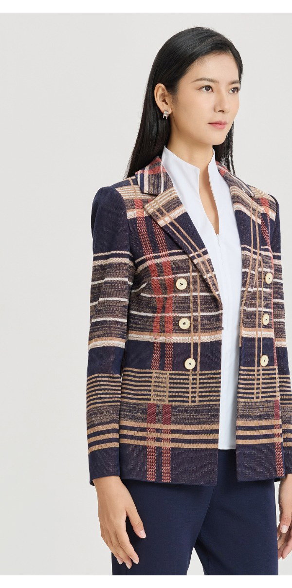 Faux Doubled Breasted Plaid Knit Blazer