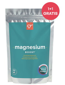 Resealable teal pouch of Magnesium Boost supplement powder with brand logo and red '1+1 gratis' offer badge