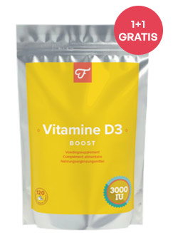 Pouch of Vitamin D3 Boost supplement 3000 IU in yellow packaging with 1+1 gratis badge