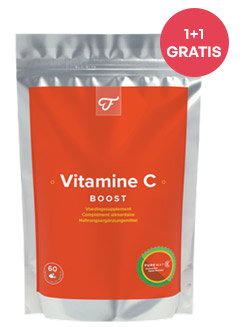 Vitamin C Boost resealable supplement pouch with orange label, 60 capsules, and a '1+1 gratis' promotional badge
