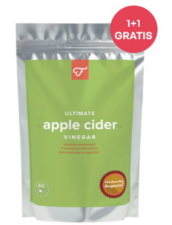 Silver pouch with green label reading 'Ultimate apple cider vinegar' supplement, '1+1 Gratis' offer badge
