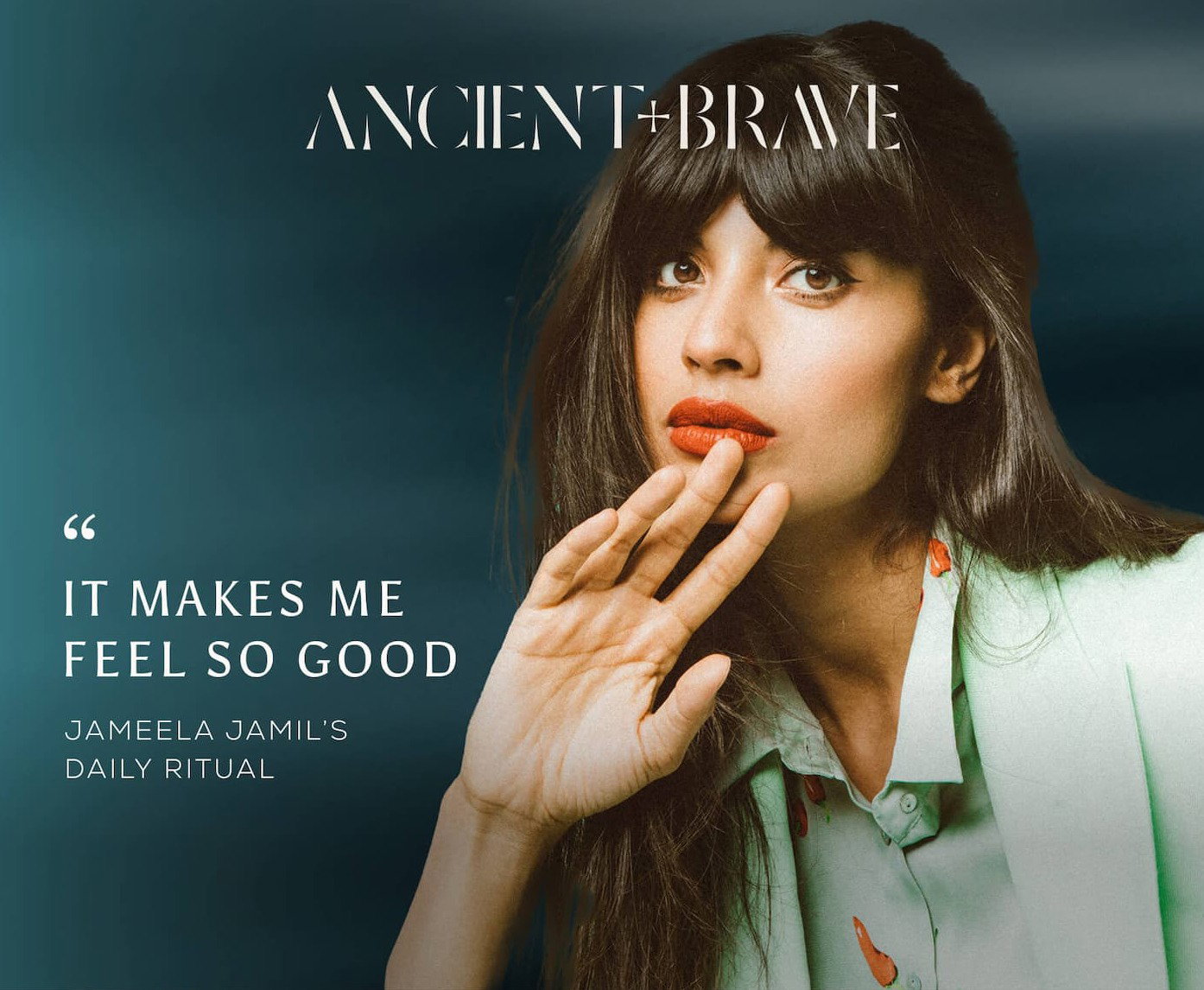 Jameela Jamil with her quote overlaid "It makes me feel so good. I am mortified to be 40 years old and now learning how much electrolytes improve my day."
