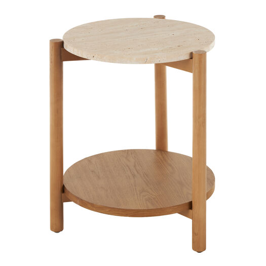 Emory Beige Travertine and Wood Side Table with Shelf
