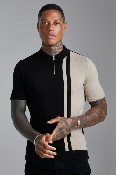 Short Sleeve Muscle Fit Colour Block Knit Polo