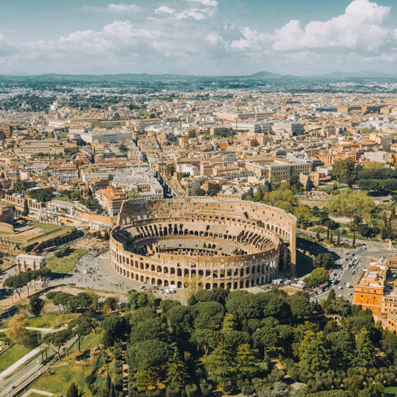 Aerial view of the Colosseum in Rome, linking to BA High Life site.