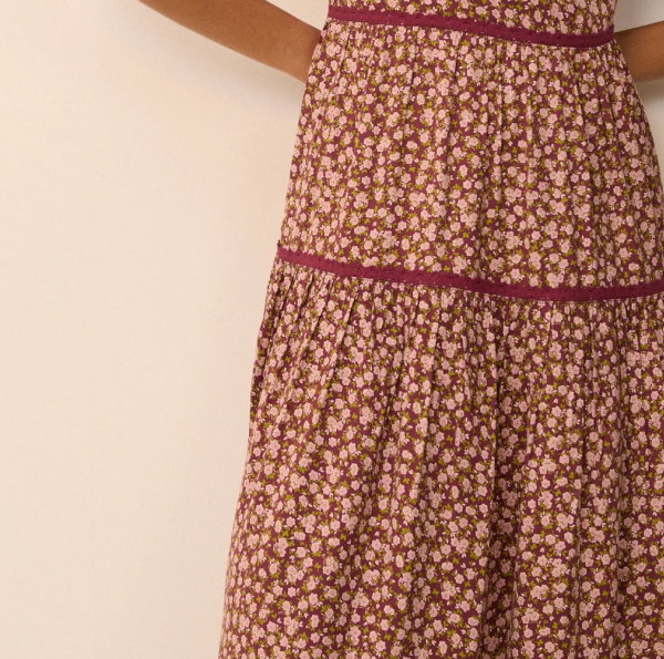 Burgundy Floral Tiered Dara Midi Dress