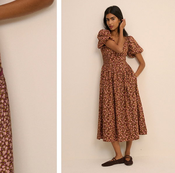 Brown Ditsy Floral Puff Sleeve Mara Midi Dress