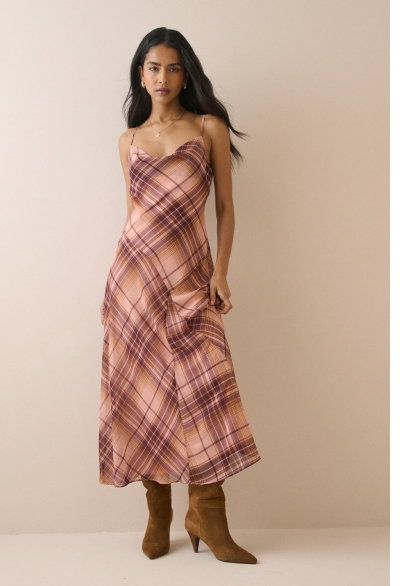 Pink and Maroon Check Motsi Midi Dress