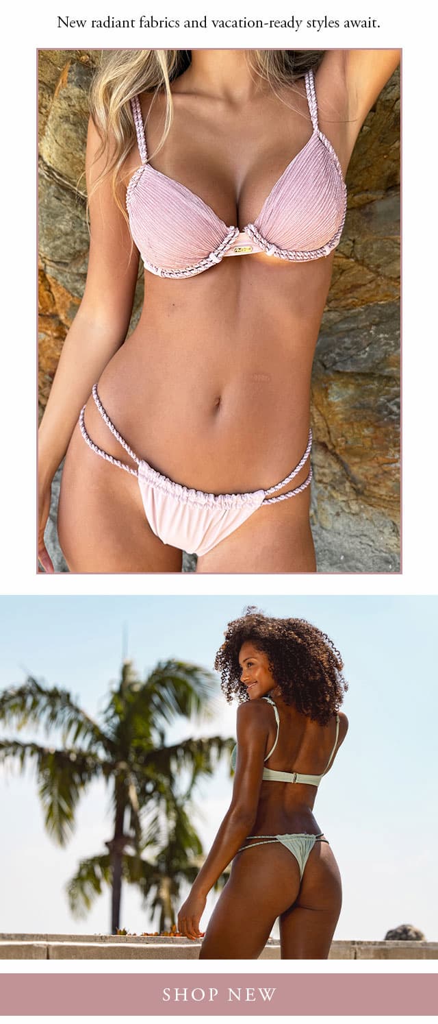 Collage of models wearing blush pink and sage green bikinis with rope and pleated details. Shop new. 