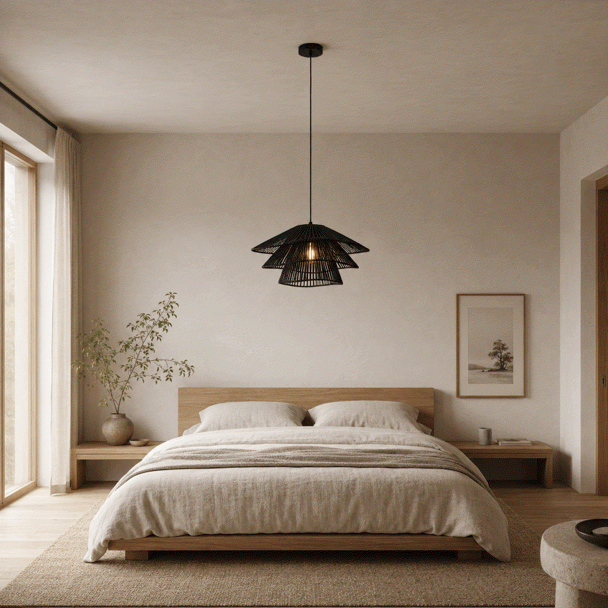 GIF – Three-tiered Avanta lamps arranged alternately in a Japandi-style bedroom