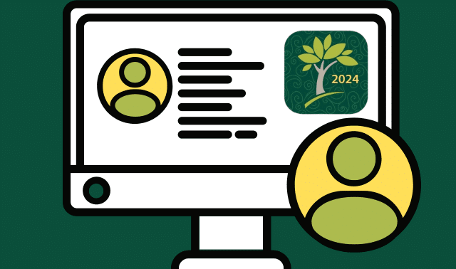 Illustration of a computer monitor displaying user profile icons, text lines, and a green 2024 tree emblem on the screen.