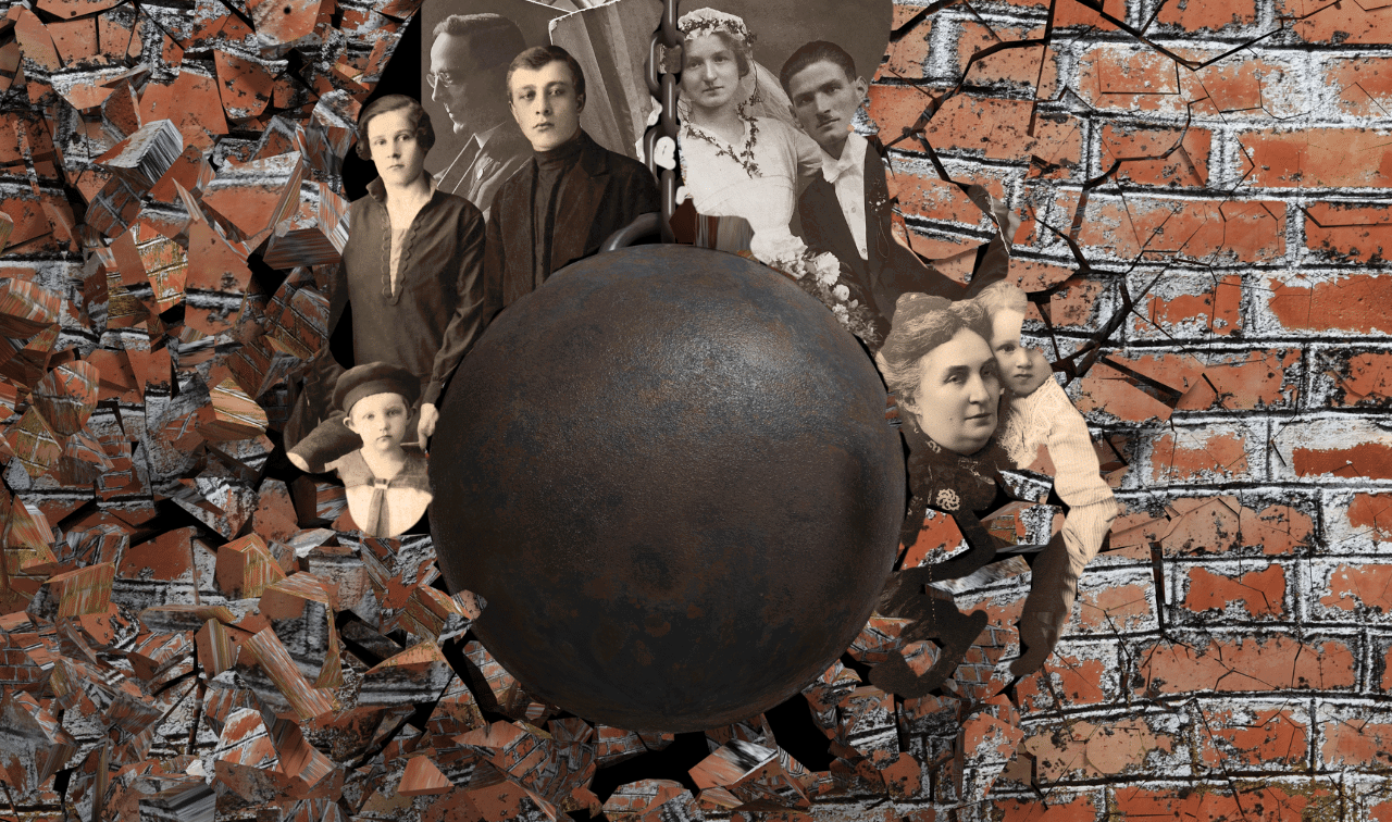 A wrecking ball breaks through a brick wall, revealing old black-and-white family portraits behind the debris.
