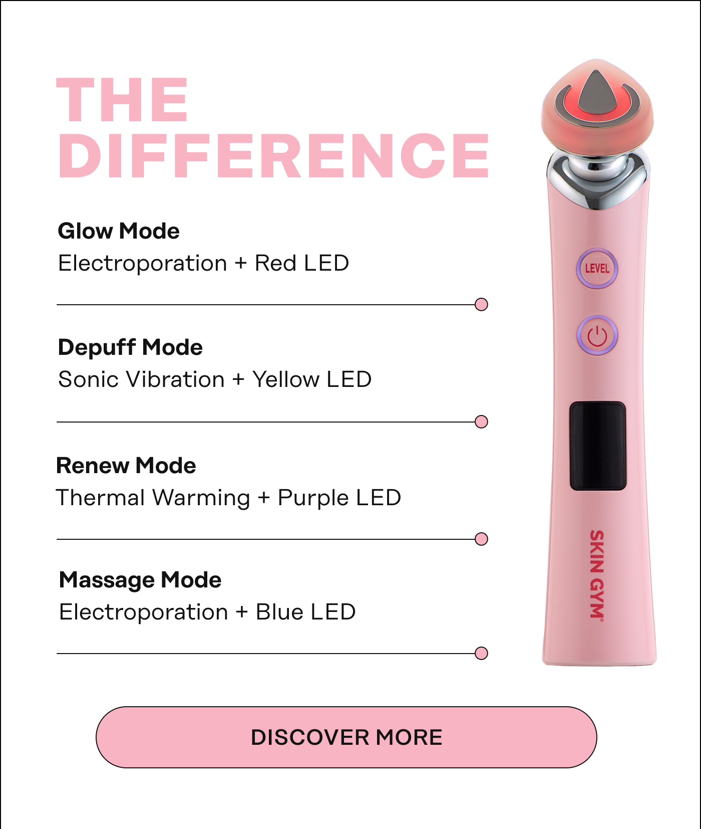 THE DIFFERENCE  Four treatment modes. One elevated ritual.  ❤️ Glow Mode Electroporation + Red LED    💛 Depuff Mode Sonic Vibration + Yellow LED    💜 Renew Mode Thermal Warming + Purple LED    💙 Massage Mode  Electroporation + Blue LED. Discover More