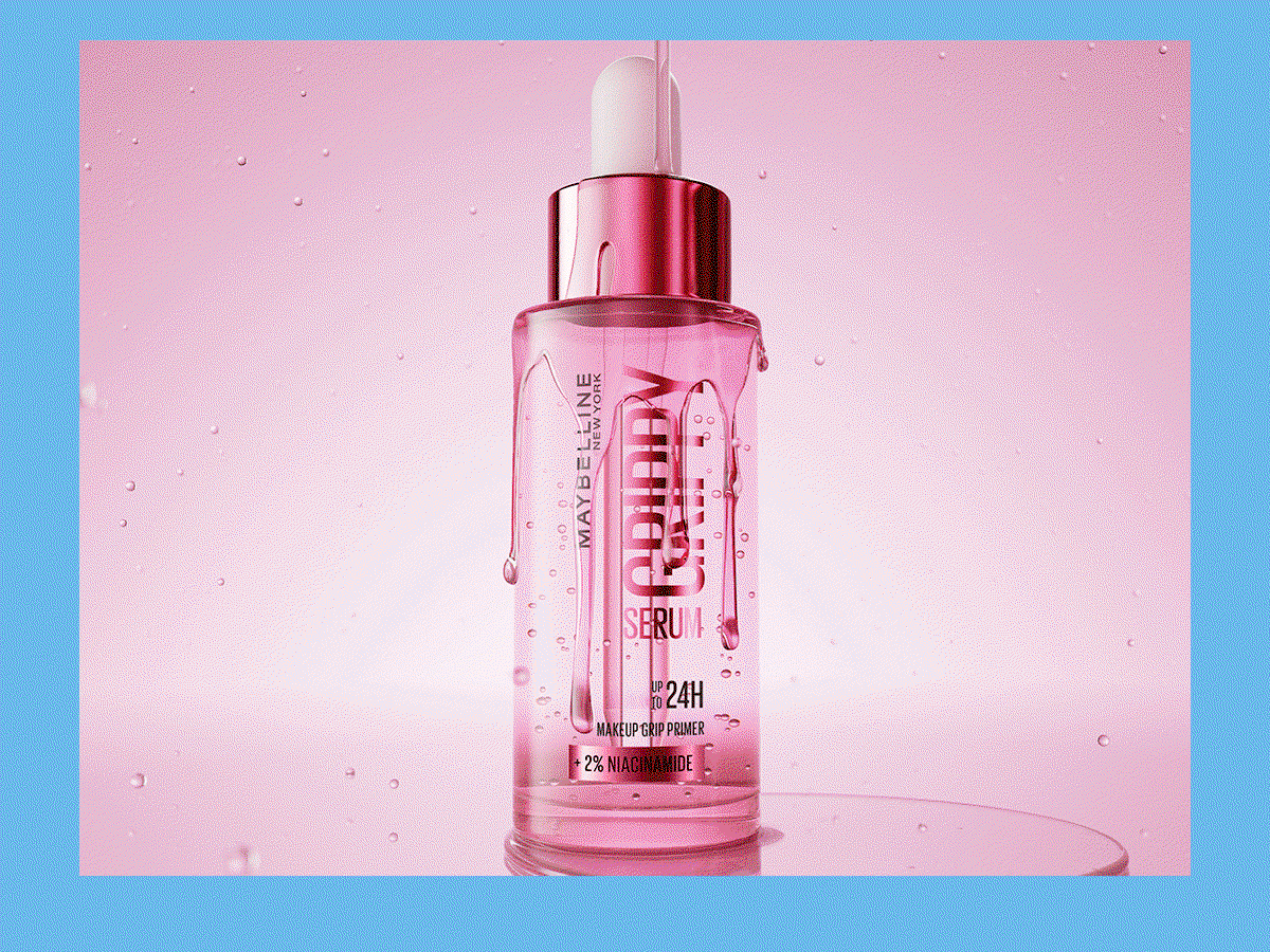 Maybelline New York product lifestyle shots in a moving gif: brown Super Stay Summer Shot tanning drops, red Cloudtopia Cheek & Lip Mousse, and pink Grippy Serum makeup primer.