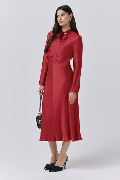 Stephanie Satin Tie Neck Midi Dress