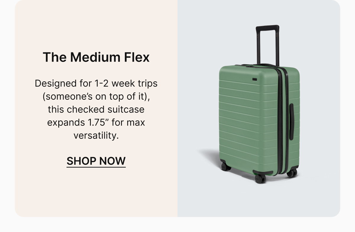 The Medium Flex | Designed for 1-2 week trips (someone’s on top of it), this checked suitcase expands 1.75” for max versatility.