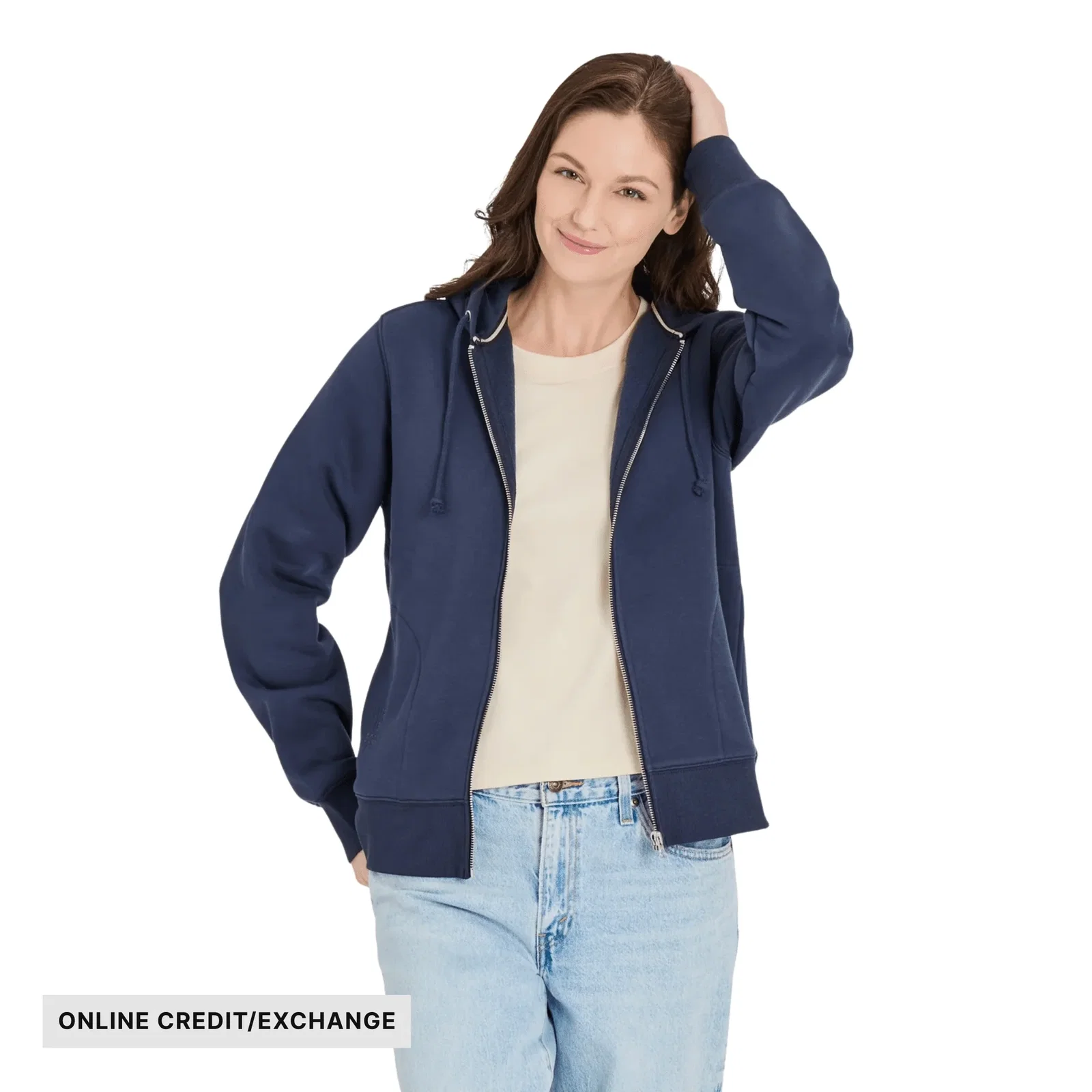 Image of Life Is Good Women's Crafty LIG Stacked Good Vibes Fleece Zip Hoodie - Inkwell Blue