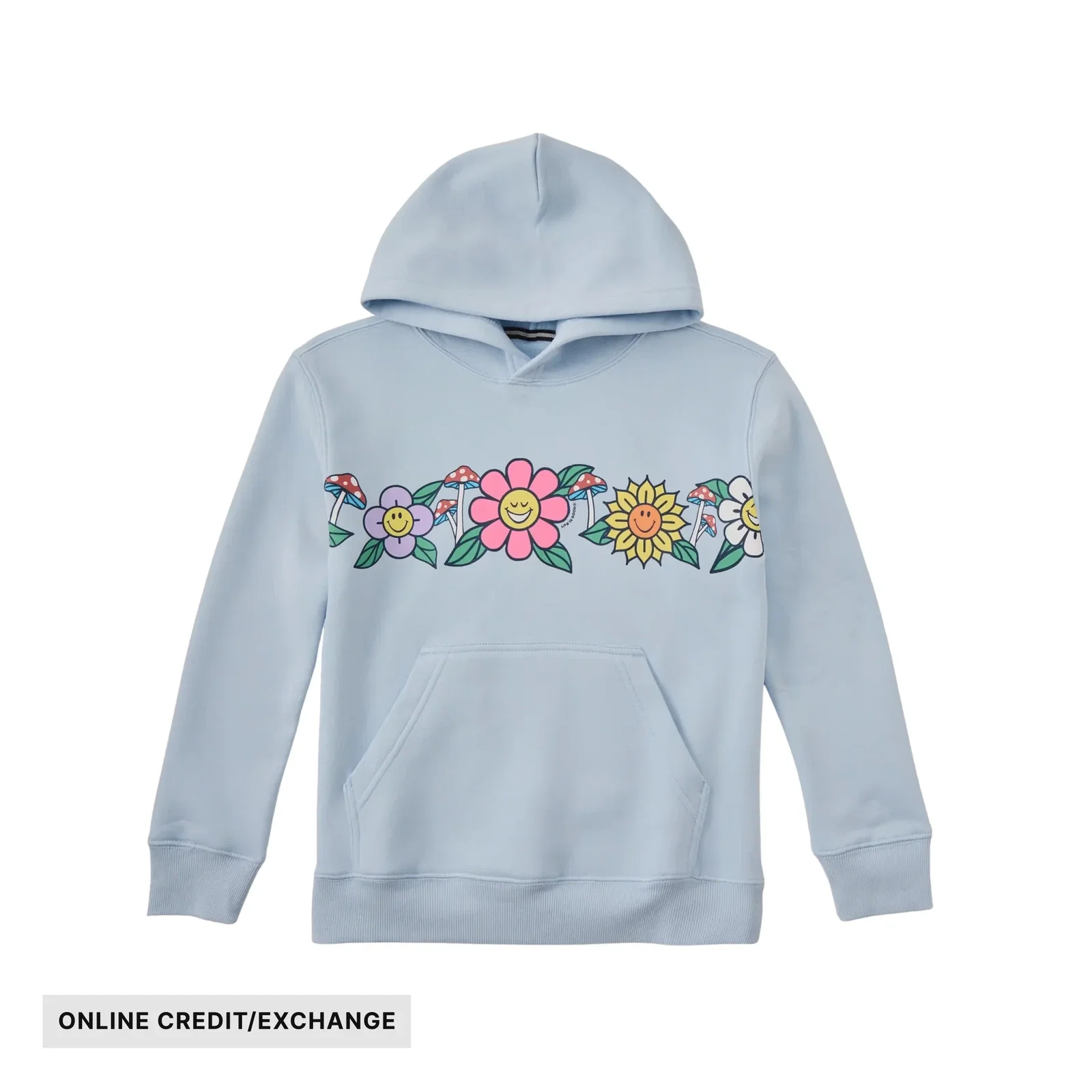 Image of Life Is Good Kids' Flowers and Shrooms Seam to Seam Good Vibes Fleece Hoodie - Glacier Blue