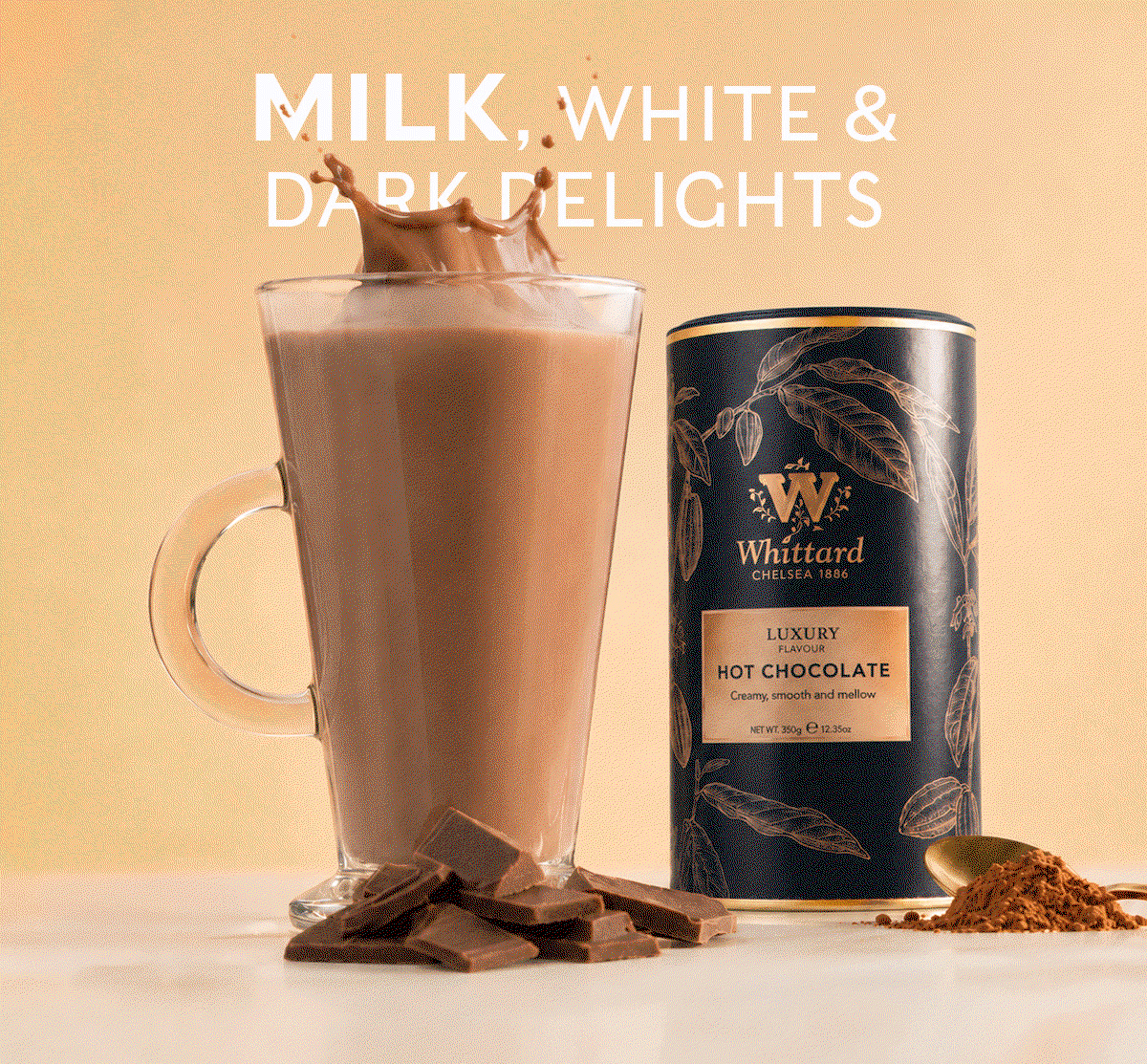 gif of milk, dark and white hot chocolate tubs and made up drinks with 'Milk, white & dark delights'