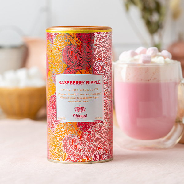 image of raspberry ripple hot chocolate tub with made up drink 