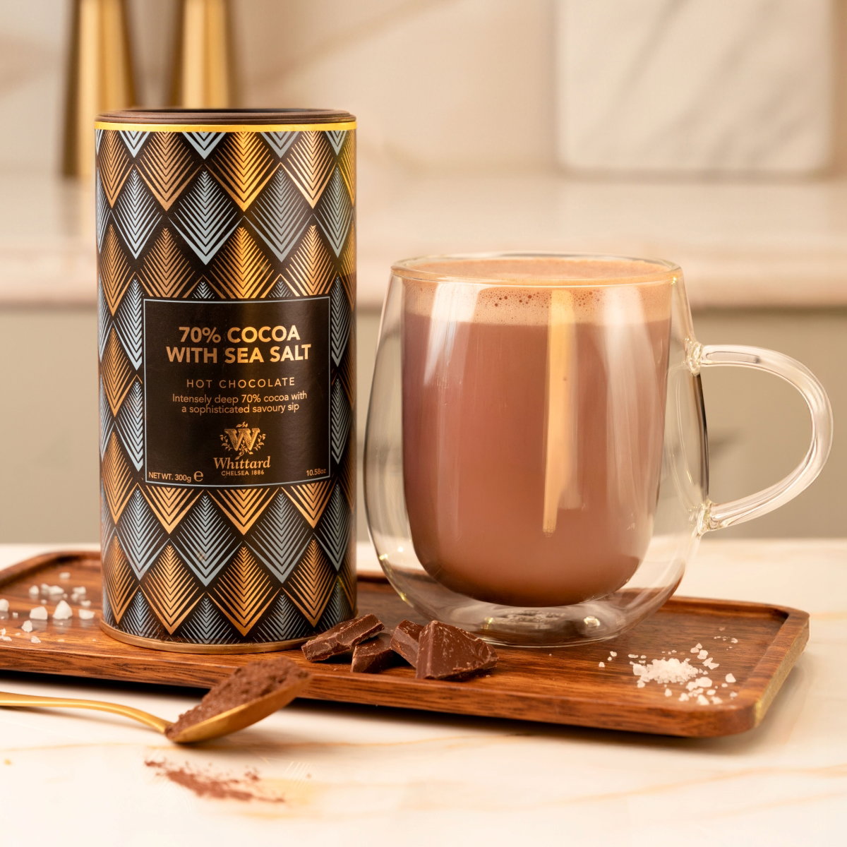 image of 70% cocoa with sea salt tub and made up drink in nova glass