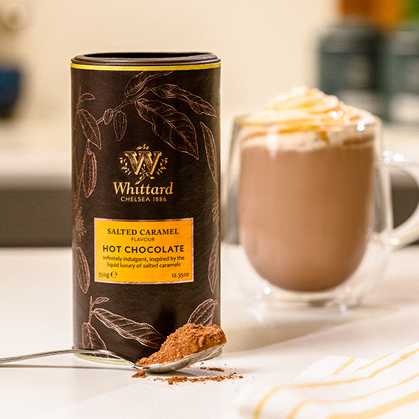 image of salted caramel hot chocolate tub with made up drink