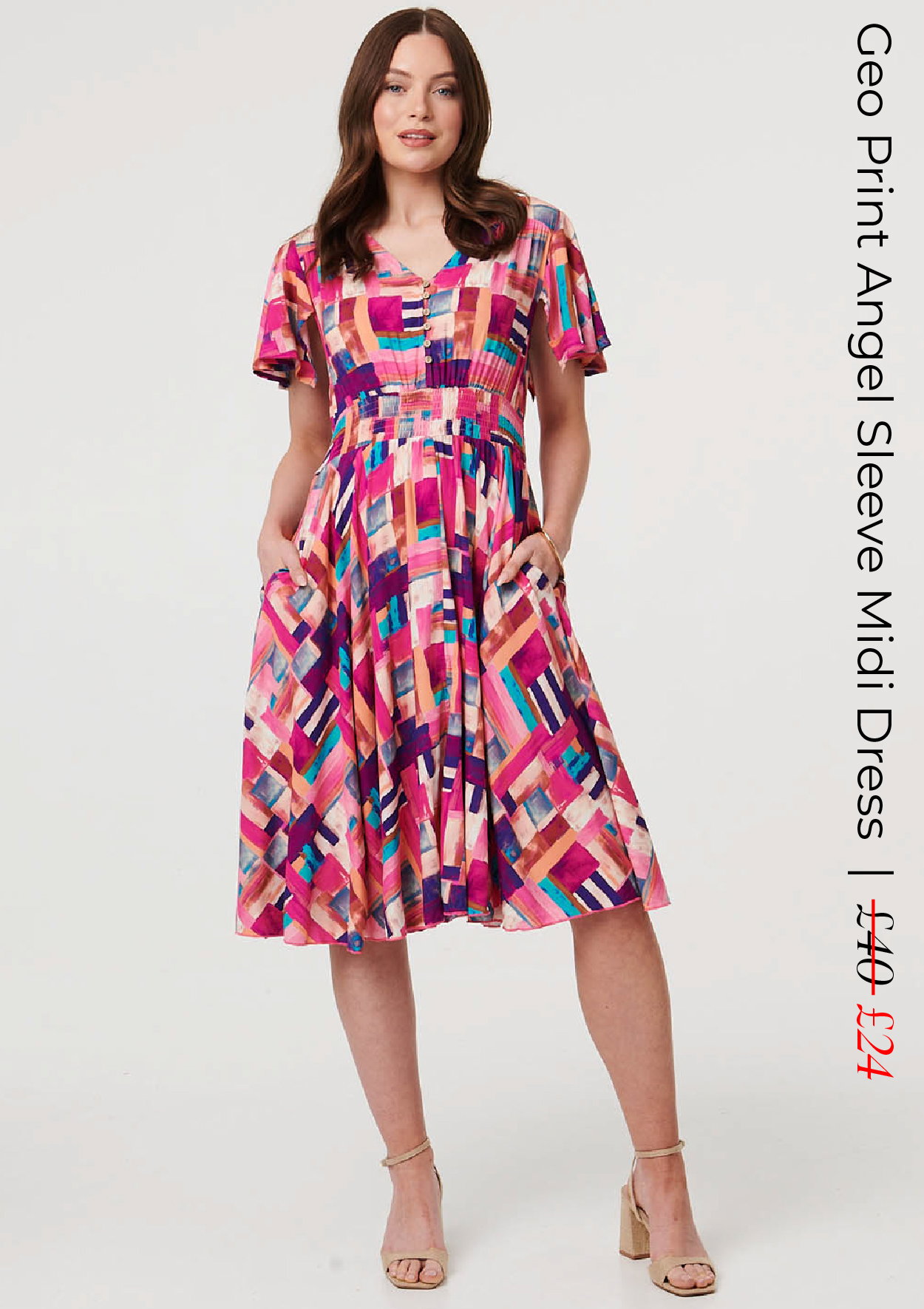 Geo Print Angel Sleeve Midi Dress| Shop Now