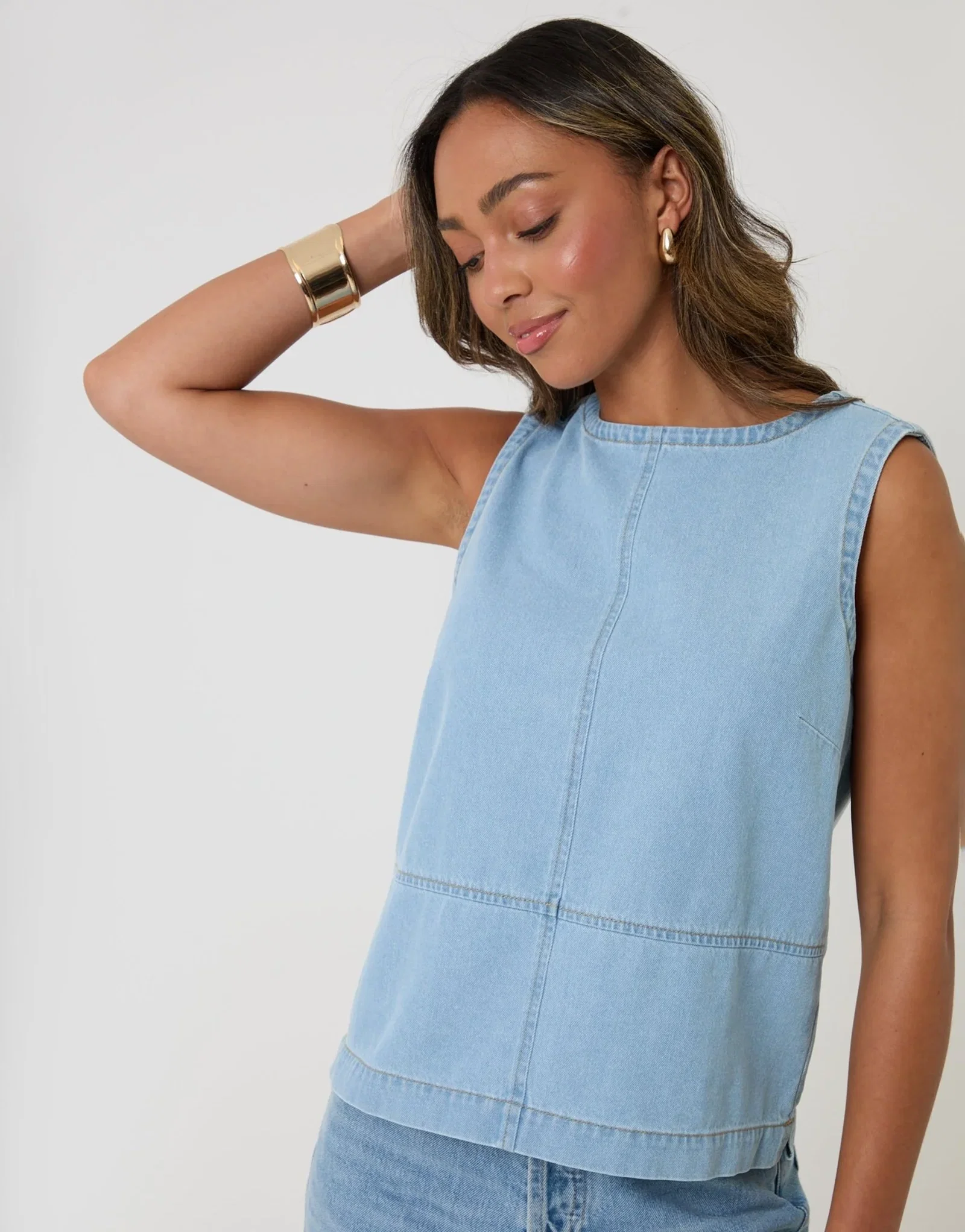 Image of Denim Tie-Back Shell Top in Light Wash