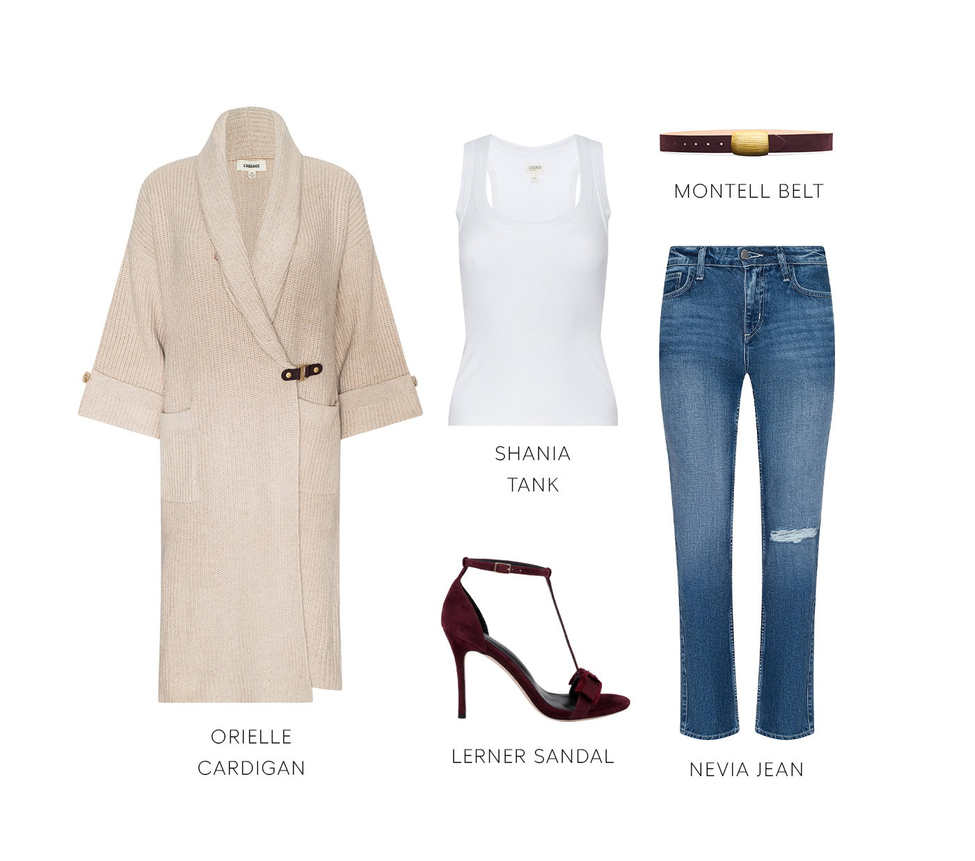 ORIELLE CARDIGAN SHANIA TANK MONTELL BELT LERNER SANDAL NEVIA JEAN