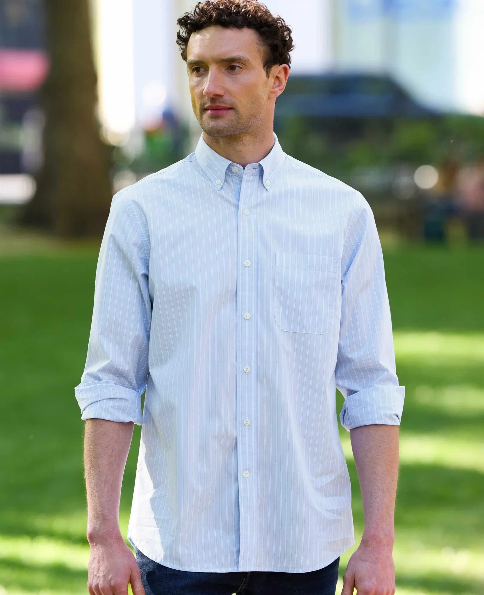 Image of Blue Cotton Poplin Classic Fit Stripe Button-Down Smart Casual Shirt