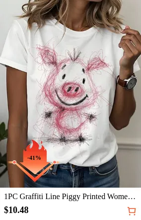 1PC Graffiti Line Piggy Printed Women's Short Sleeved T-Shirt, Artistic Style, Featuring Cuteness, Casualness, And Eye-Catching Features.